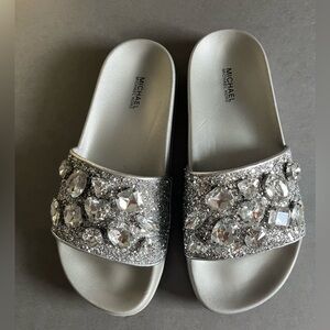Michael Kors Silver Sparkly Gilmore Slides